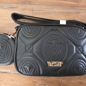 NWT Valentino Orlandi Black Quilted Crossbody Bag & Coin Set
